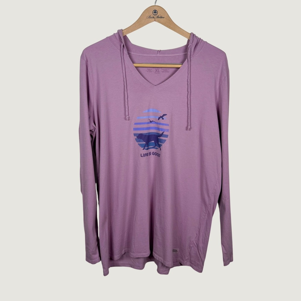 Life is Good Crusher Lite Hoodie Womens XL Purple Sunset Dog Long Sleeve Tee